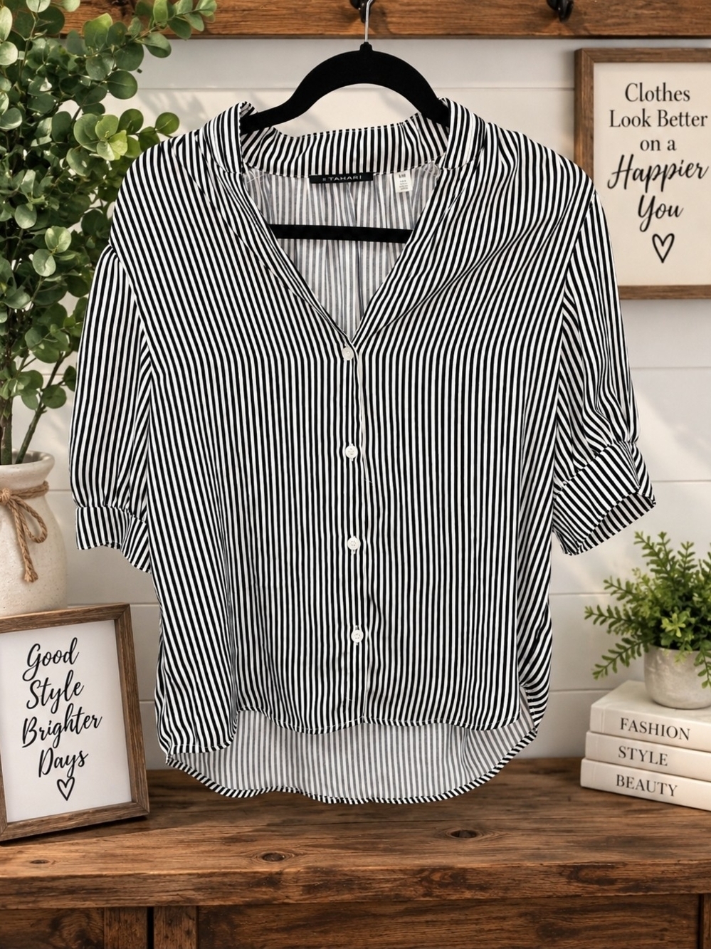 T Tahari Black & White Vertical Stripe Button-Down Shirt